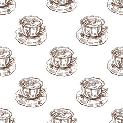 Hand drawn vintage seamless pattern of tea cups with lemon slices and saucers, brown ink engraving style
