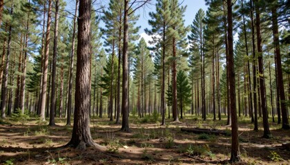 Fototapeta premium Lush Pine Forest Bathed in Sunlight Under Clear Blue Sky in Natural Outdoor Setting