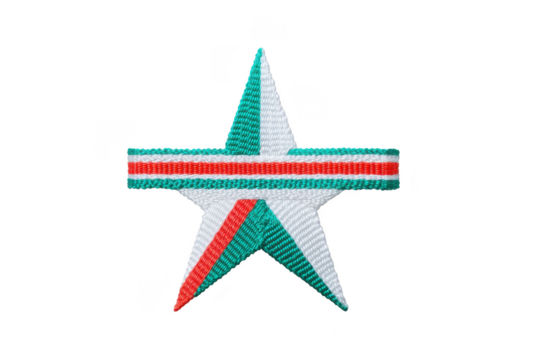 Star shaped ribbon with green, white, and red stripes, symbolizing national pride and unity. design is simple yet striking, often used in celebrations or commemorations