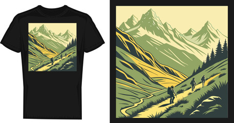 spring mountain vector drawing, outdoor print design. mountain retro print design for t shirt and others. Camping beside of lake graphic artwork