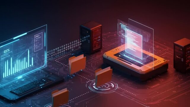 3D Rendered Computer Setup With Glowing Data Graphics