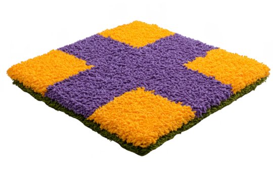 Colorful, textured square rug features bold purple cross pattern against vibrant yellow background, creating striking visual contrast. rug fluffy texture adds depth and interest