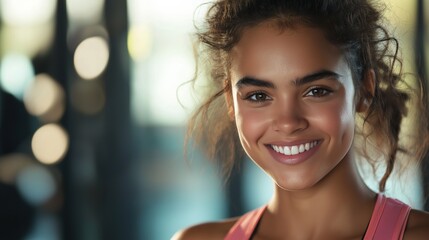 Obraz premium Smiling young woman in activewear exudes confidence and vitality.