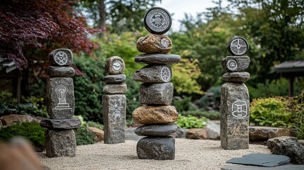Zen Balanced Stone Column: River Rocks Engraved with Clock/Lightbulb/Gear Icons Work-Life Balance Japanese Garden
