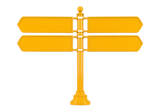 Yellow directional signpost with four blank arrows stands on sturdy base, ready for customization. vibrant color and clear design make it ideal for guiding directions in various settings