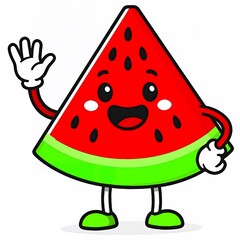 Adorable cartoon watermelon slice character with a happy face, waving hand, and cheerful smile. Bright red and green fruit mascot illustration perfect for food branding, summer themes, or educational 