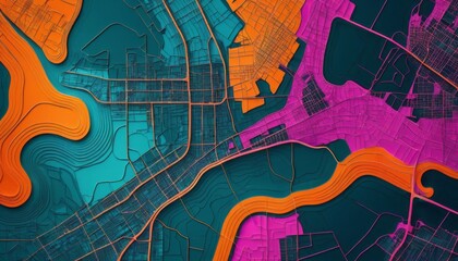 Abstract urban landscape with vibrant colors and intricate line patterns showcasing river and road networks