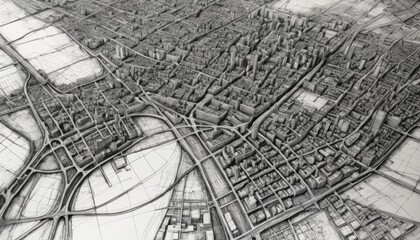 Detailed Aerial View of Urban City Landscape Featuring Roads, Buildings, and Green Spaces in Monochrome Sketch Style