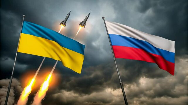 Ukrainian and Russian flags wave dramatically against a stormy sky as missiles launch showcasing geopolitical conflict tension international relations and war