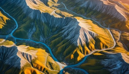 Aerial View of Rugged Mountains and Winding River at Sunrise in a Remote Landscape