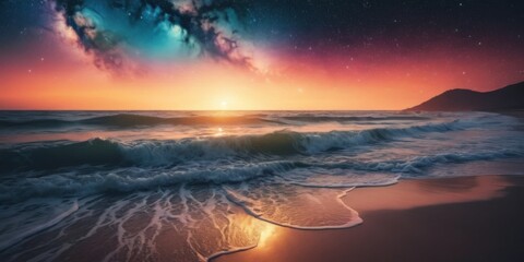 Serene Sunset Over Ocean Waves Under Starry Sky with Nebula and Beach Shoreline Capturing Tranquil Beauty of Nature