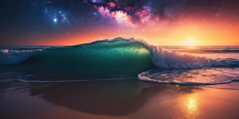 Serene Ocean Wave Cresting Under Galactic Sky at Dusk with Vibrant Sunset and Sparkling Stars Above
