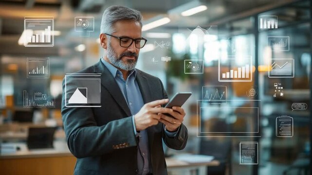 Mature businessman using a smartphone with augmented reality data visualizations in modern office - Powered by Adobe