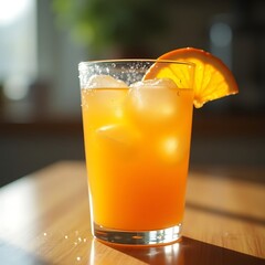 Orange Juice Drink with Ice and Orange Slice Garnish in Sunlight