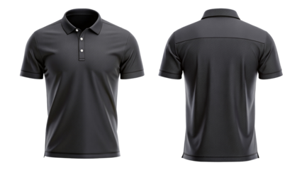 Front and back view of a dark gray polo shirt with short sleeves on a black background studio shot