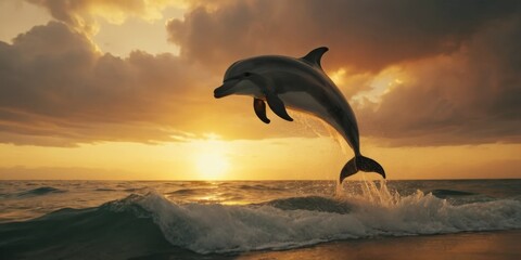 Dolphin Leaping Above Waves During Sunset Over Ocean Horizon with Dramatic Sky and Warm Colors Showcasing Nature's Beauty