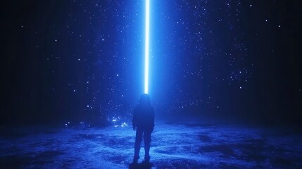 Fototapeta premium Silhouette of a person standing before a vibrant blue light beam.