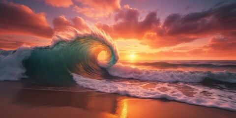 Majestic Ocean Wave Crashing at Sunset with Vibrant Colors and Dramatic Clouds Reflecting on Water Surface