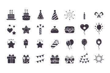 Birthday and Celebration Icon Set. Black Silhouette Grid of Cakes, Gifts, Balloons, Fireworks, Hats, Candles, and More for Party Designs. Vector Illustration