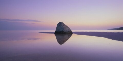 Serene Sunset Reflection Over Calm Water with a Large Rock Formation and Soft Pastel Colors in the Sky