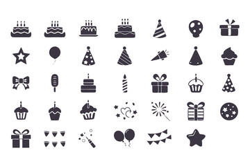 Birthday and Celebration Icon Set. Black Silhouette Grid of Cakes, Gifts, Balloons, Fireworks, Hats, Candles, and More for Party Designs. Vector Illustration
