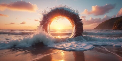 Majestic Sunset Through Unique Circular Arch in Ocean Waves at Serene Beach Landscape