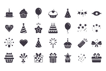 Birthday and Celebration Icon Set. Black Silhouette Grid of Cakes, Gifts, Balloons, Fireworks, Hats, Candles, and More for Party Designs. Vector Illustration