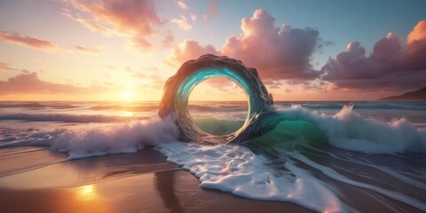 Serene Coastal Sunset with Unique Wave Formation and Gentle Ocean Waves on Sandy Beach Landscape