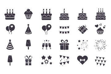 Birthday and Celebration Icon Set. Black Silhouette Grid of Cakes, Gifts, Balloons, Fireworks, Hats, Candles, and More for Party Designs. Vector Illustration