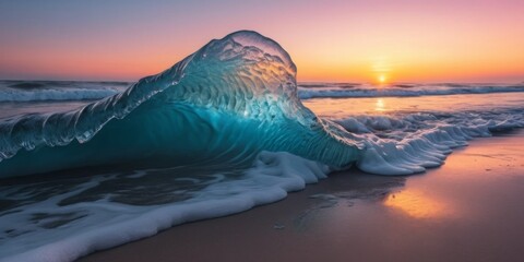 Stunning Ocean Wave Against Sunset Horizon with Colorful Sky and Gentle Sand Shoreline in Perfect Beach Environment