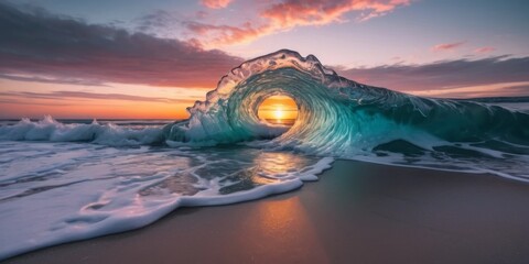 Majestic Ocean Wave Crashing on Shore at Sunset Creating a Beautiful Natural Scene with Vibrant Colors and Dynamic Motion