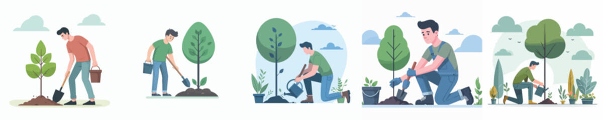 vector young man is planting trees