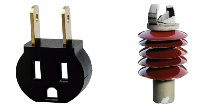 PNG Black electrical plug and surge protector stand side by side.