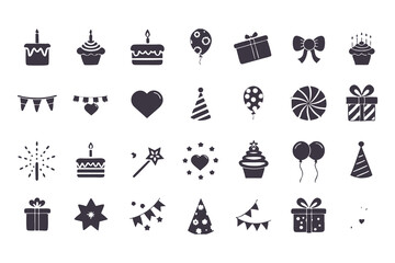 Birthday and Celebration Icon Set. Black Silhouette Grid of Cakes, Gifts, Balloons, Fireworks, Hats, Candles, and More for Party Designs. Vector Illustration