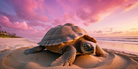 Majestic Sea Turtle Nesting on Sandy Beach Under Vibrant Pink and Orange Sky at Sunset