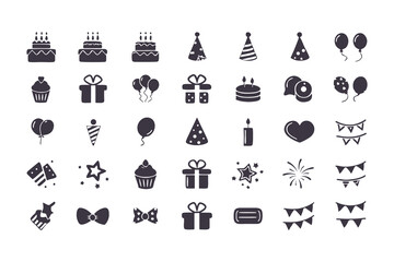 Birthday and Celebration Icon Set. Black Silhouette Grid of Cakes, Gifts, Balloons, Fireworks, Hats, Candles, and More for Party Designs. Vector Illustration