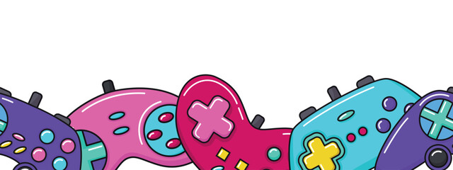 Vector game controller gamepad seamless border. Multicolored joysticks elements flat style isolated on white background