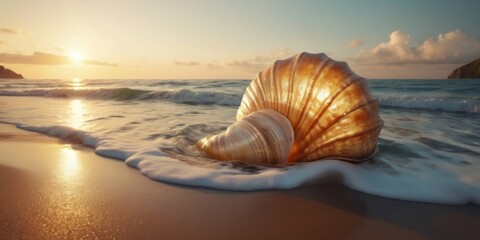 Glimmering Seashell on Shore at Sunrise with Soft Waves and Colorful Sky Reflection