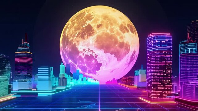 neon glowing futuristic city under big full moon