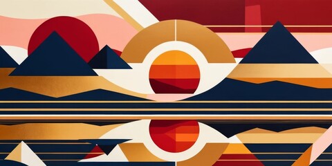 Abstract geometric landscape with vibrant colors and modern shapes depicting mountains, sun, and reflection on water surface