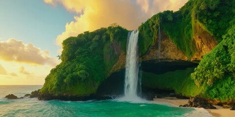 Majestic waterfall cascading into serene ocean cove surrounded by lush greenery and vibrant clouds during sunset