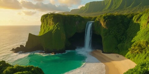 Majestic Tropical Waterfall Cascading into a Serene Beach Surrounded by Lush Green Mountains and Vibrant Ocean Waves