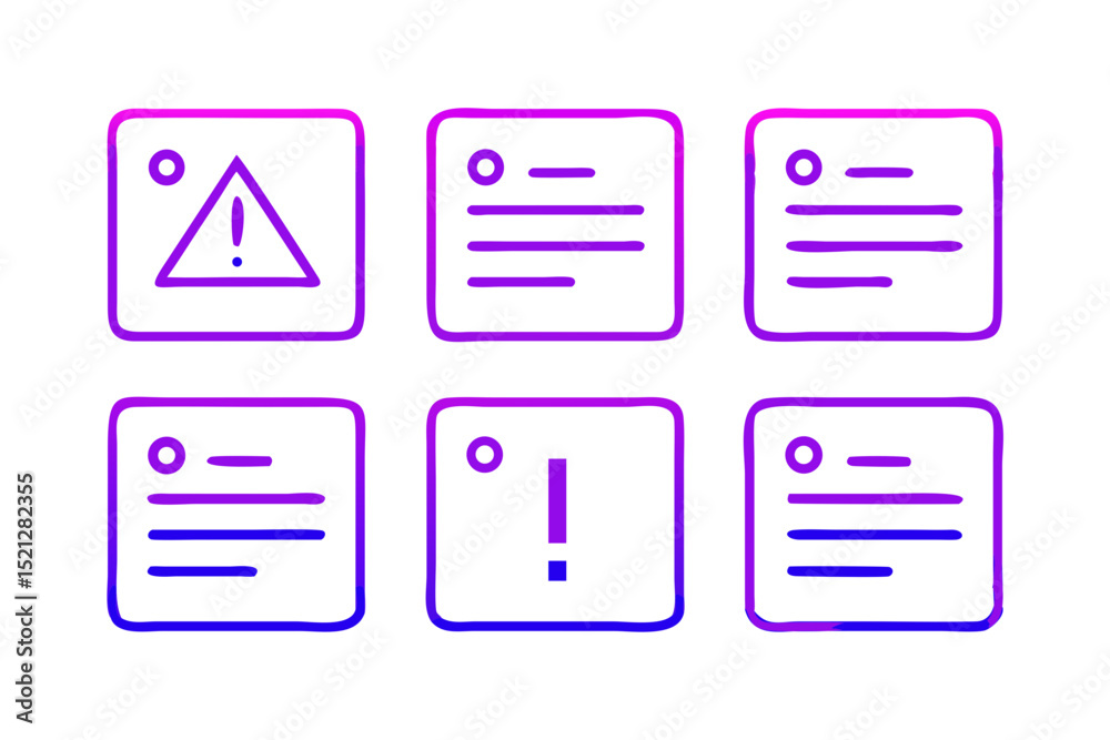 Poster warning and information icons set six outlined icons including warning sign notes grid layout icons 