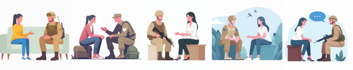 vector woman talking to soldier