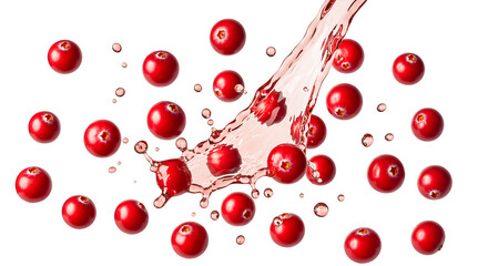 cranberries falling down with cranberry juice PNG. Fresh and organic cranberry juice with cranberry fruit flying isolated. Vegan vegetarian cranberries flying png. cranberry fruit isolated