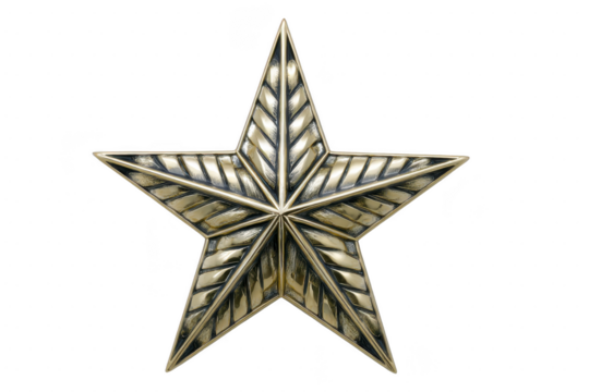 Metallic star with intricate geometric patterns and reflective surface, showcasing blend of gold and silver tones, creating striking and elegant appearance - Powered by Adobe