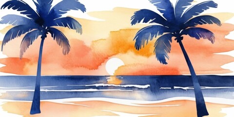 Tranquil Sunset Over Ocean with Silhouette of Palm Trees in Watercolor Art Style