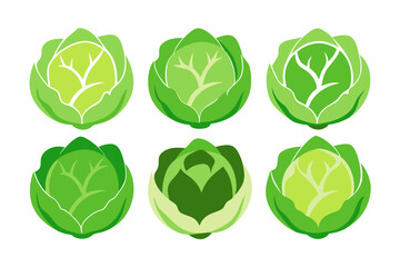 Collection of Stylized Green Cabbage Heads Six stylized images cabbages various shades green arranged grid cabbage vegetables food green healthy fresh illustration design icon logo