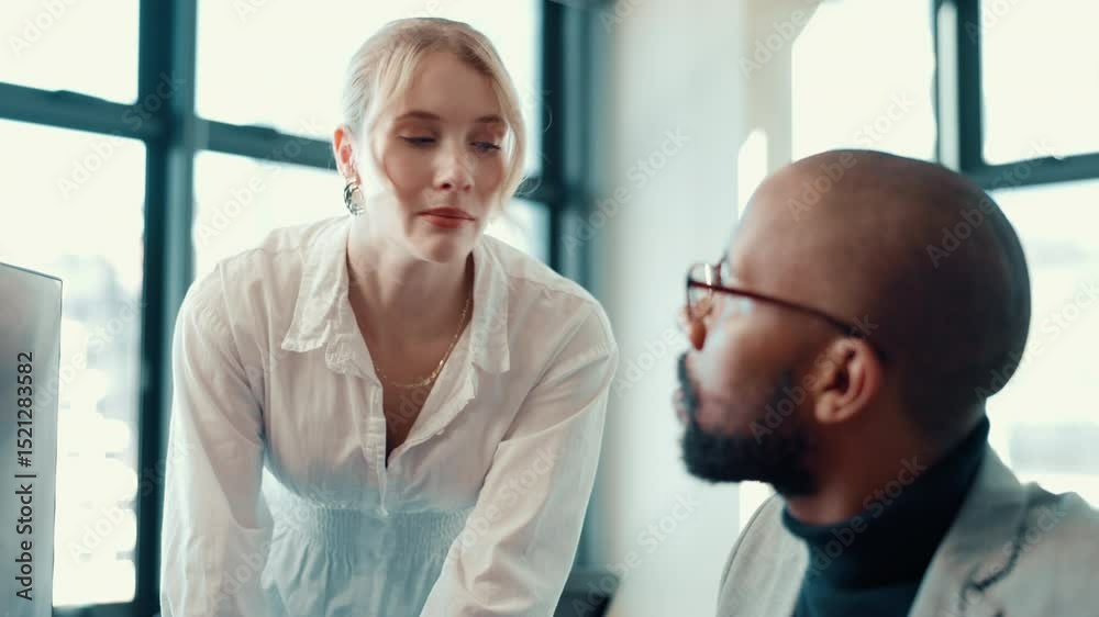 Poster business woman, man and computer for training, advice and guidance in office. management, teaching a