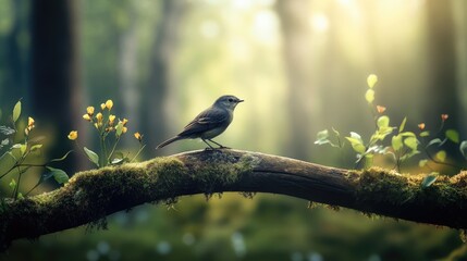 A bird sits on a branch in the forest. Generative Ai